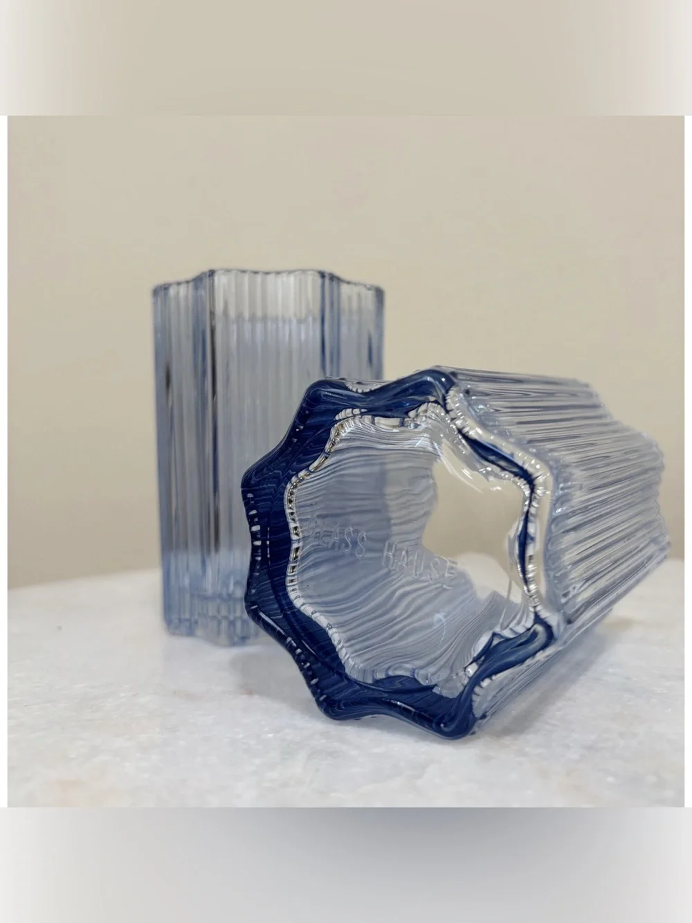 Glass Hause Set of 2 Ribbed Floral Shape Glasses 12 oz Blue